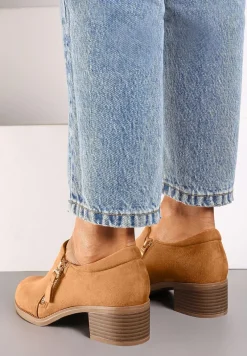 Brązowe Półbuty na Słupku z Niską Cholewką Ozdobioną Suwakiem Ansolee