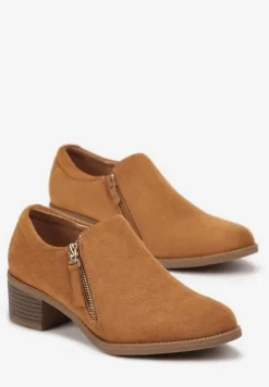 Brązowe Półbuty na Słupku z Niską Cholewką Ozdobioną Suwakiem Ansolee
