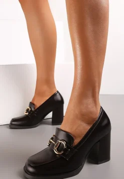 Brązowe Półbuty na Słupku z Ozdobnym Paskiem i Kwadratowym Noskiem Yalerene