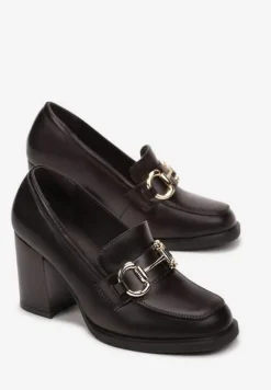 Brązowe Półbuty na Słupku z Ozdobnym Paskiem i Kwadratowym Noskiem Yalerene