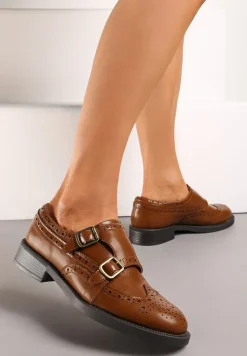 Brązowe Półbuty z Metalowymi Klamrami i Ażurowymi Wstawkami Lullin