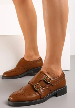 Brązowe Półbuty z Metalowymi Klamrami i Ażurowymi Wstawkami Lullin