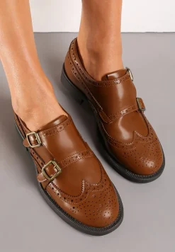 Brązowe Półbuty z Metalowymi Klamrami i Ażurowymi Wstawkami Lullin