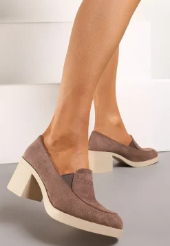Brązowe Półbuty ze Ściętym Nosem na Słupku ze Skórzaną Wkładką Ivoriella