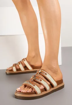 Brązowe Plecione Klapki w Stylu Gladiatorek Morillia