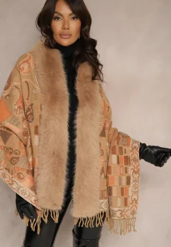 Brązowe Ponczo z Frędzlami i Futerkiem w Geometryczny Wzór Oriattia