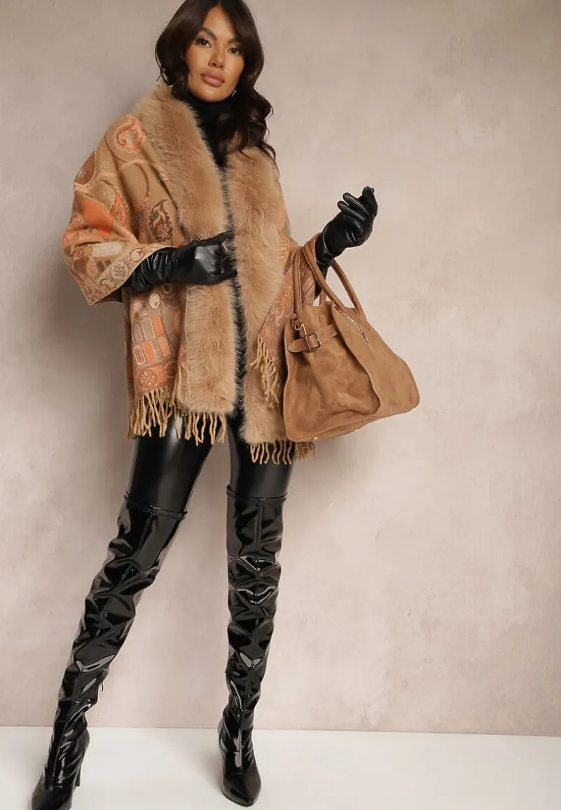 Brązowe Ponczo z Frędzlami i Futerkiem w Geometryczny Wzór Oriattia