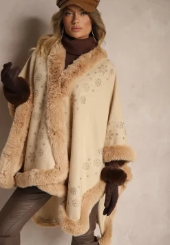 Brązowe Ponczo z Wełny i Wiskozy z Futerkiem i Błyszczącymi Cyrkoniami Issanel