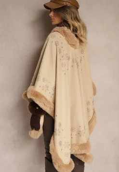 Brązowe Ponczo z Wełny i Wiskozy z Futerkiem i Błyszczącymi Cyrkoniami Issanel