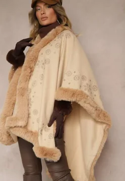 Brązowe Ponczo z Wełny i Wiskozy z Futerkiem i Błyszczącymi Cyrkoniami Issanel