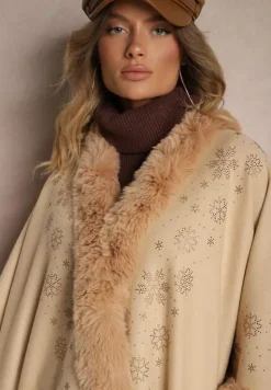 Brązowe Ponczo z Wełny i Wiskozy z Futerkiem i Błyszczącymi Cyrkoniami Issanel