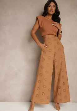 Brązowe Proste Spodnie z Bawełny z Haftem i Ażurowymi Zdobieniami Tolazia