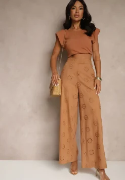 Brązowe Proste Spodnie z Bawełny z Haftem i Ażurowymi Zdobieniami Tolazia