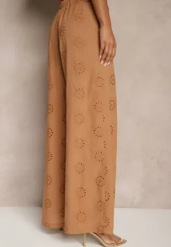 Brązowe Proste Spodnie z Bawełny z Haftem i Ażurowymi Zdobieniami Tolazia