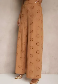 Brązowe Proste Spodnie z Bawełny z Haftem i Ażurowymi Zdobieniami Tolazia