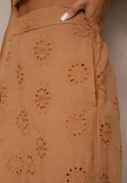 Brązowe Proste Spodnie z Bawełny z Haftem i Ażurowymi Zdobieniami Tolazia