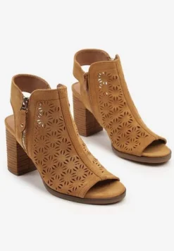 Brązowe Sandały Botki Peep Toe na Obcasie z Ażurową Cholewką Julliane