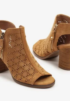 Brązowe Sandały Botki Peep Toe na Obcasie z Ażurową Cholewką Julliane