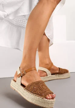 Brązowe Sandały Espadryle z Plecionym Noskiem Peep Toe i Jutową Platformą Drelpa