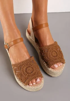 Brązowe Sandały Espadryle z Plecionym Noskiem Peep Toe i Jutową Platformą Drelpa