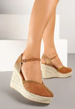 Brązowe Sandały na Koturnie z Plecionką Zeirea