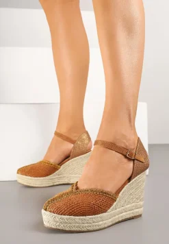 Brązowe Sandały na Koturnie z Plecionką Zeirea