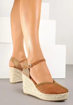 Brązowe Sandały na Koturnie z Plecionką Zeirea