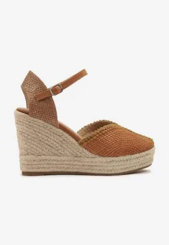 Brązowe Sandały na Koturnie z Plecionką Zeirea