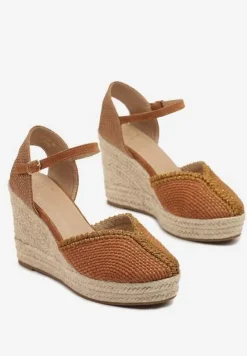 Brązowe Sandały na Koturnie z Plecionką Zeirea