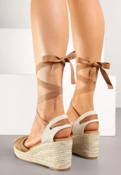 Brązowe Sandały na Koturnie Ozdobione Wiązaniem i Plecionką Talurelia