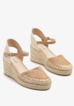 Brązowe Sandały na Plecionym Koturnie w Typie Espadryli Nanissa