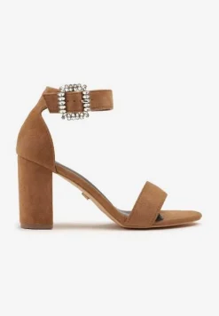 Brązowe Sandały na Słupku Vices z Cyrkoniową Klamrą Redionne