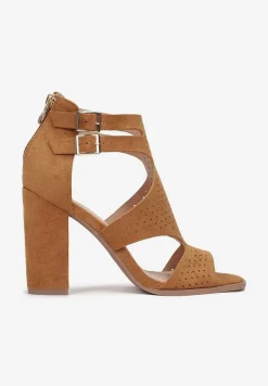 Brązowe Sandały na Wysokim Słupku z Perforacją Meeyah