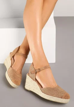 Brązowe Sandały Typu Espadryle na Koturnie z Plecionki Renaelle