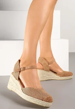 Brązowe Sandały Typu Espadryle na Koturnie z Plecionki Renaelle