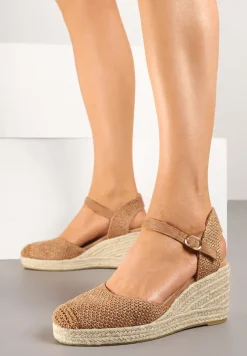 Brązowe Sandały Typu Espadryle na Koturnie z Plecionki Renaelle
