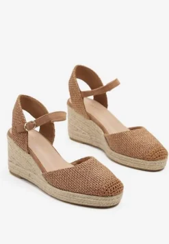 Brązowe Sandały Typu Espadryle na Koturnie z Plecionki Renaelle