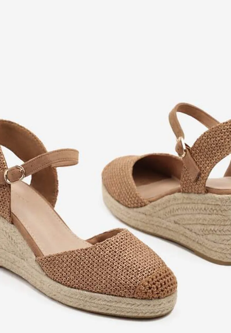 Brązowe Sandały Typu Espadryle na Koturnie z Plecionki Renaelle