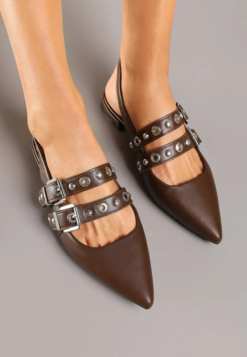 Brązowe Sandały Typu Slingback Ozdobione Klamrami Selritia