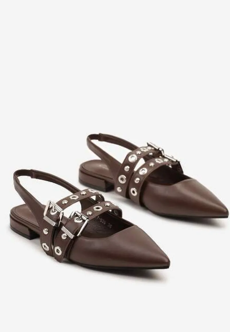 Brązowe Sandały Typu Slingback Ozdobione Klamrami Selritia