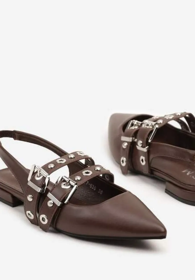 Brązowe Sandały Typu Slingback Ozdobione Klamrami Selritia