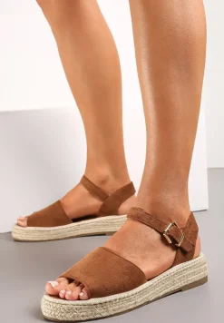 Brązowe Sandały z Plecioną Podeszwą i Zapięciem Wokół Kostki Lornia