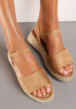 Brązowe Sandały z Plecionki z Paskiem Wokół Kostki i Sprzączką Tidalia