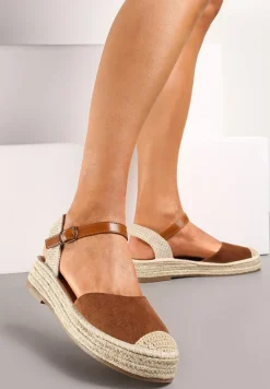 Brązowe Sandały z Zapięciem wokół Kostki na Plecionej Podeszwie z Juty Berseria