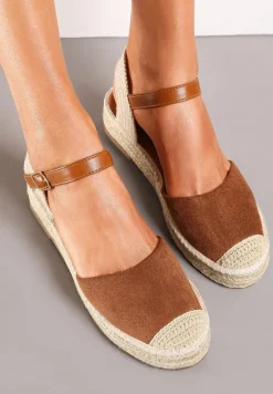 Brązowe Sandały z Zapięciem wokół Kostki na Plecionej Podeszwie z Juty Berseria