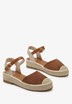 Brązowe Sandały z Zapięciem wokół Kostki na Plecionej Podeszwie z Juty Berseria