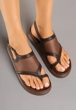 Brązowe Siateczkowe Sandały Japonki na Grubej Podeszwie Redorelle