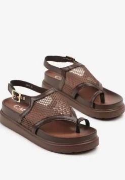 Brązowe Siateczkowe Sandały Japonki na Grubej Podeszwie Redorelle