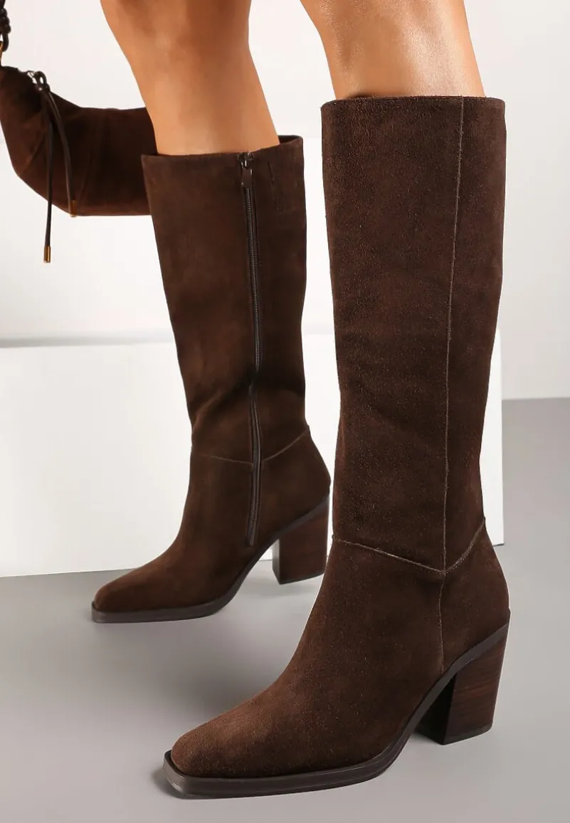 Brązowe Skórzane Kozaki na Słupku Realinae