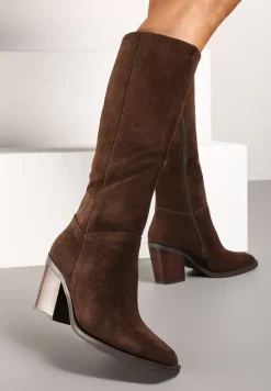 Brązowe Skórzane Kozaki na Słupku Realinae